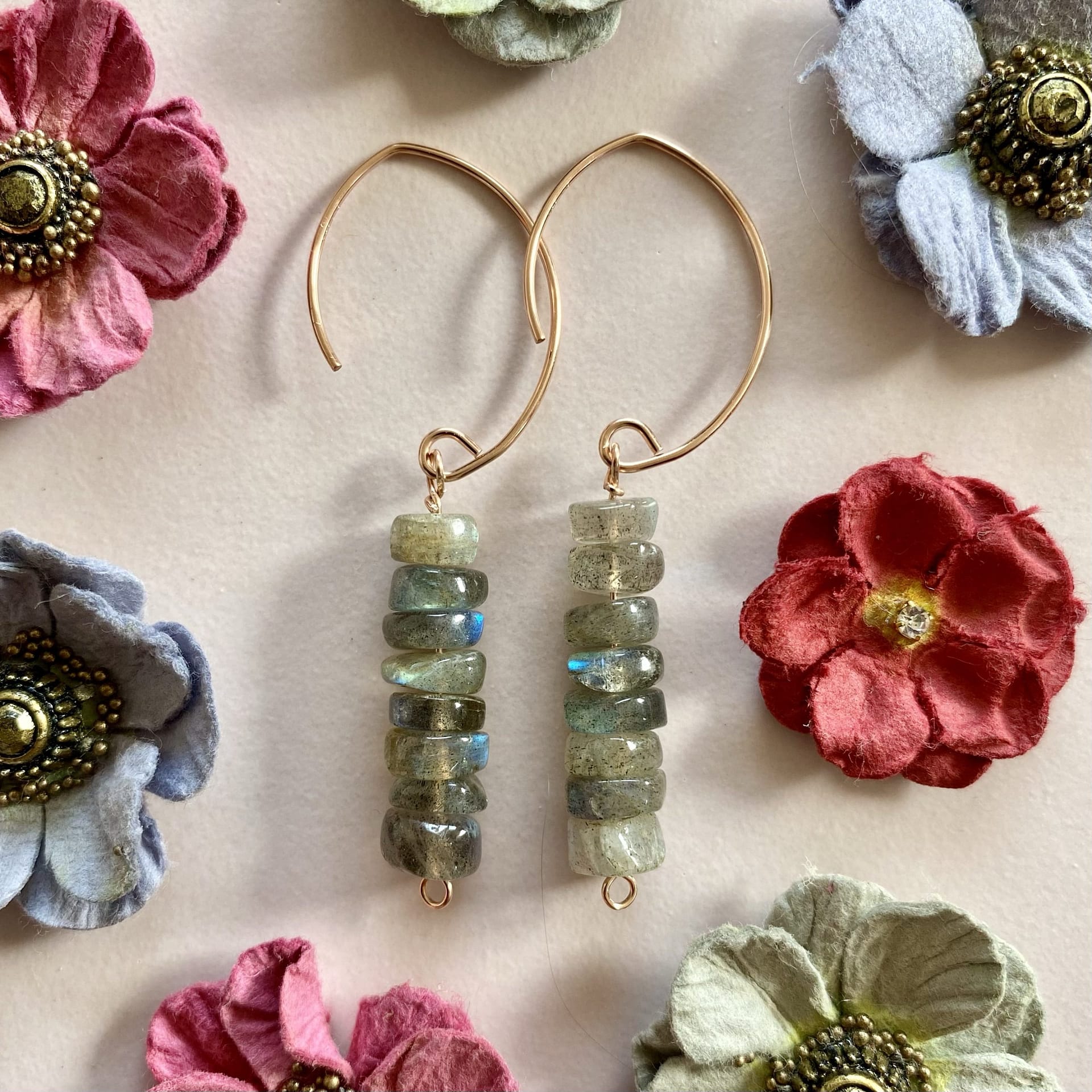 Multi Gemstone Cluster Dangle Earrings, Labradorite top & Rainbow Moonstone, Delicate Sterling Silver or Gold Filled Earrings, Rose Gold Filled